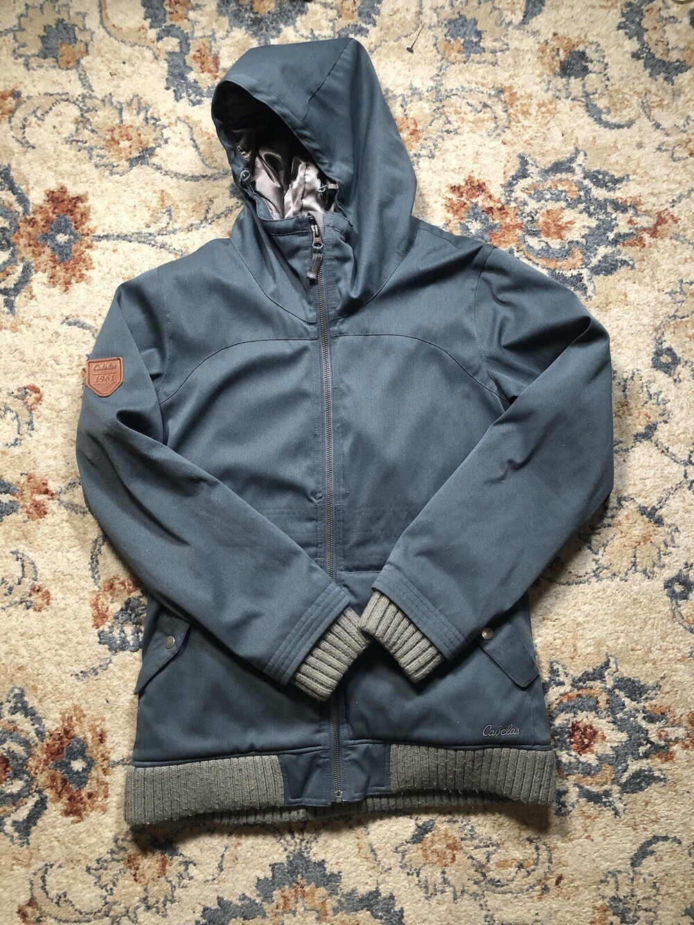 Cabelas Coat Womens Medium Regular Blue Full Zip Lined Removable Hood PrimaLoft